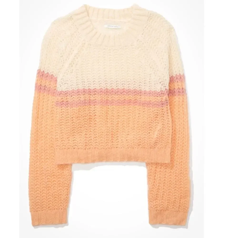 American Eagle Crochet Knit Sweater Orange  Sm Fair Isle Long Sleeve Boho Wool - Picture 2 of 7